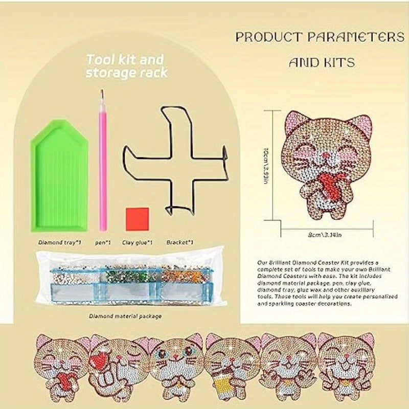 Diy 6pcs/set Cat Diamond Painting Coasters with Holder