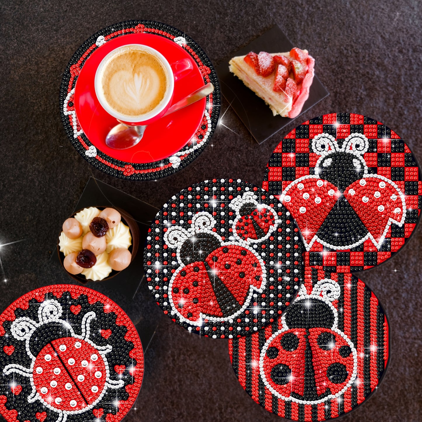 Diy 8pcs/set Ladybug Cartoon Diamond Painting Coasters with Holder