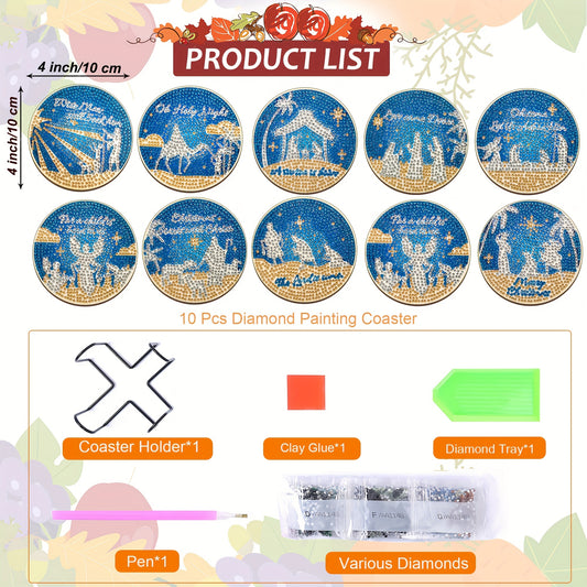 Diy 10pcs/set Christmas Diamond Painting Coasters with Holder