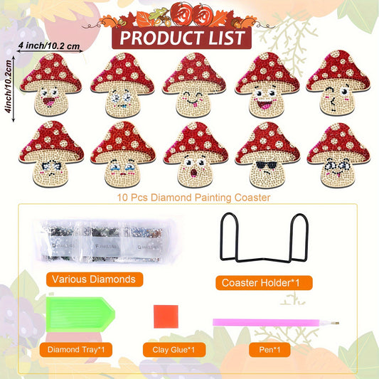 Diy 10pcs/set Mushroom Diamond Painting Coasters with Holder