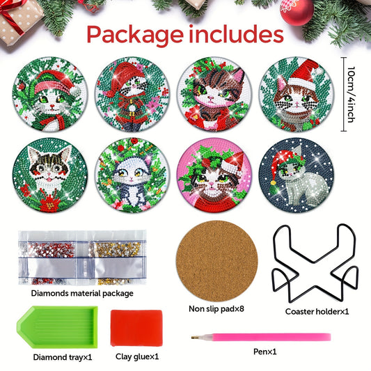 Diy 8pcs/set Cat Christmas Diamond Painting Coasters with Holder