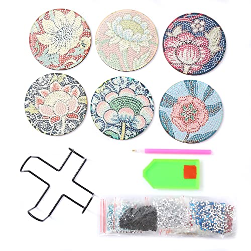 Diy 6pcs/set Flower Diamond Painting Coasters with Holder
