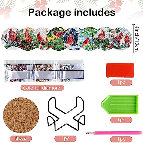Diy 8pcs/set Bird Christmas Diamond Painting Coasters with Holder
