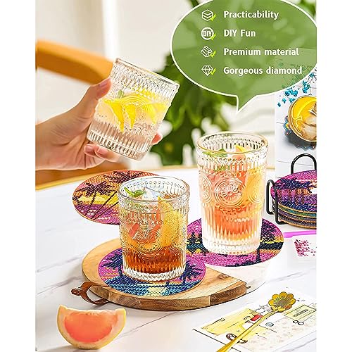 Diy 8pcs/set Landscape Diamond Painting Coasters with Holder