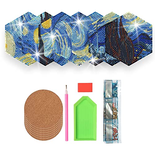 Diy 7pcs/set Van Gogh Diamond Painting Coasters with Holder