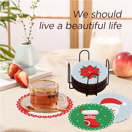 Diy 8pcs/set Mandala Christmas Diamond Painting Coasters with Holder