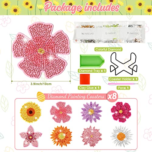Diy 8pcs/set Flower Diamond Painting Coasters with Holder