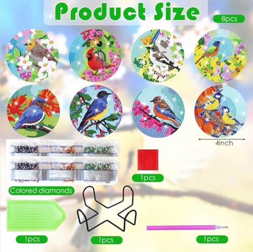 Diy 8pcs/set Bird Christmas Diamond Painting Coasters with Holder