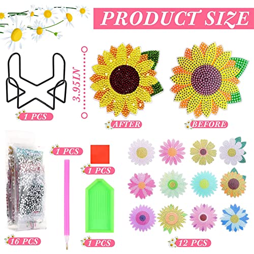 Diy 12pcs/set Flower Diamond Painting Coasters with Holder