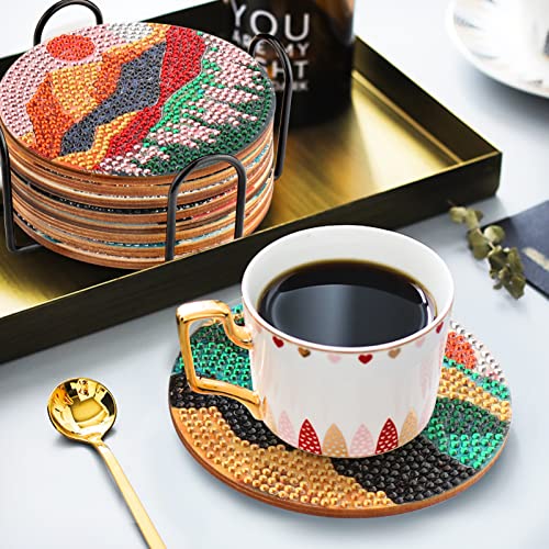 Diy 8pcs/set Landscape Diamond Painting Coasters with Holder