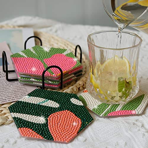 Diy 6pcs/set Flower Diamond Painting Coasters with Holder