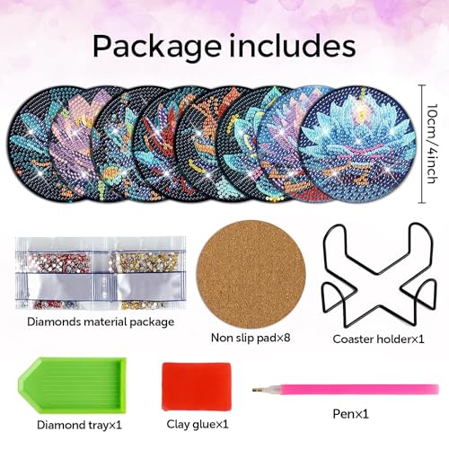 Diy 8pcs/set Lotus Flower Diamond Painting Coasters with Holder