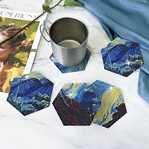 Diy 7pcs/set Van Gogh Diamond Painting Coasters with Holder