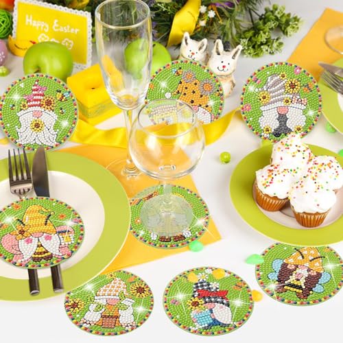 Diy 8pcs/set Gnome Flower Diamond Painting Coasters with Holder