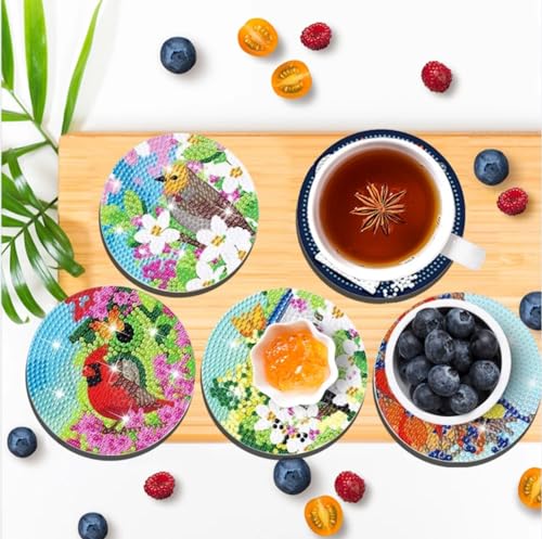 Diy 8pcs/set Bird Christmas Diamond Painting Coasters with Holder