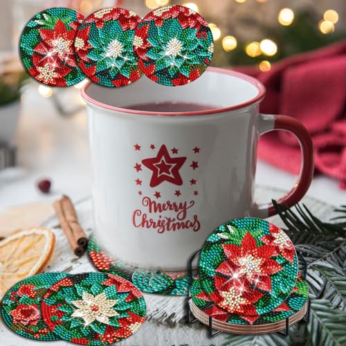 Diy 8pcs/set Christmas Diamond Painting Coasters with Holder