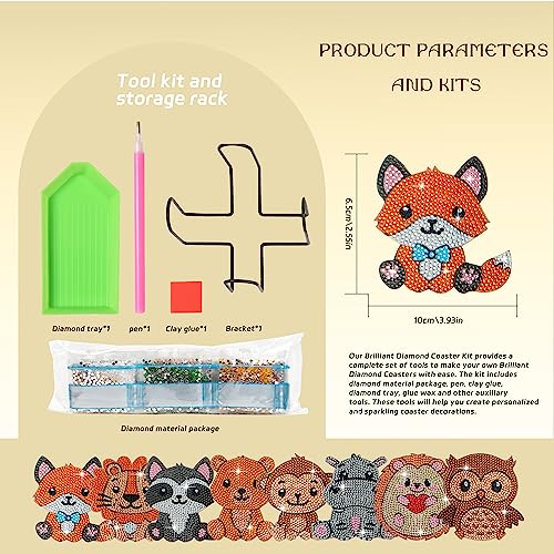 Diy 8pcs/set Animal Diamond Painting Coasters with Holder
