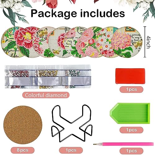 Diy 8pcs/set Flower Diamond Painting Coasters with Holder