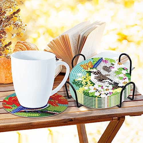 Diy 8pcs/set Bird Flower Diamond Painting Coasters with Holder
