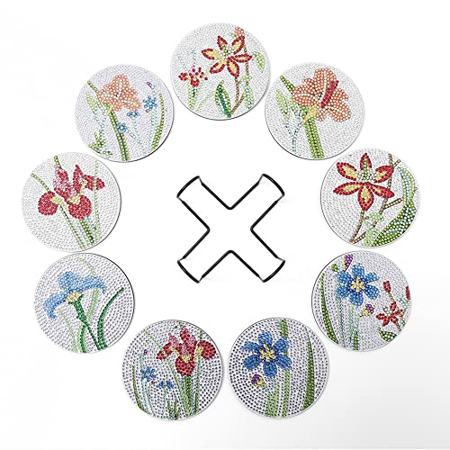 Diy 9pcs/set Flower Diamond Painting Coasters with Holder