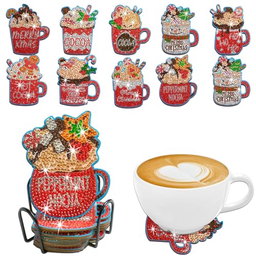 Diy 10pcs/set Christmas Diamond Painting Coasters with Holder