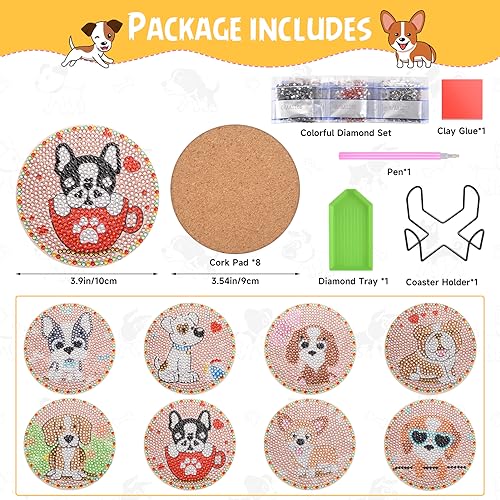 Diy 8pcs/set Dog Diamond Painting Coasters with Holder