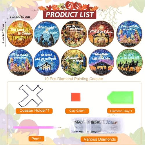 Diy 10pcs/set Christmas Diamond Painting Coasters with Holder