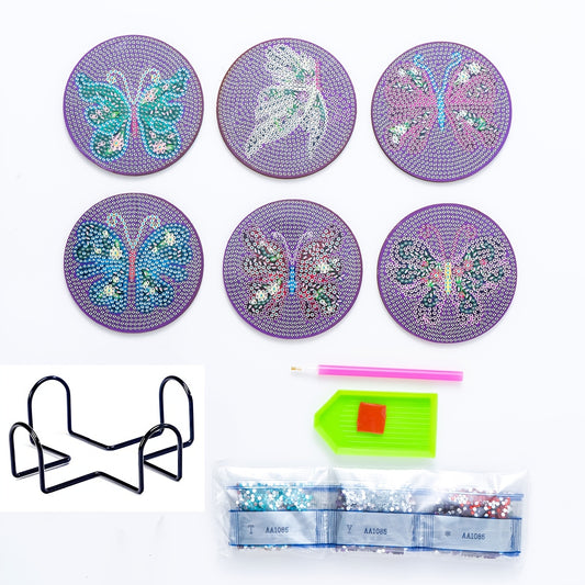 Diy 6pcs/set Butterfly Diamond Painting Coasters with Holder