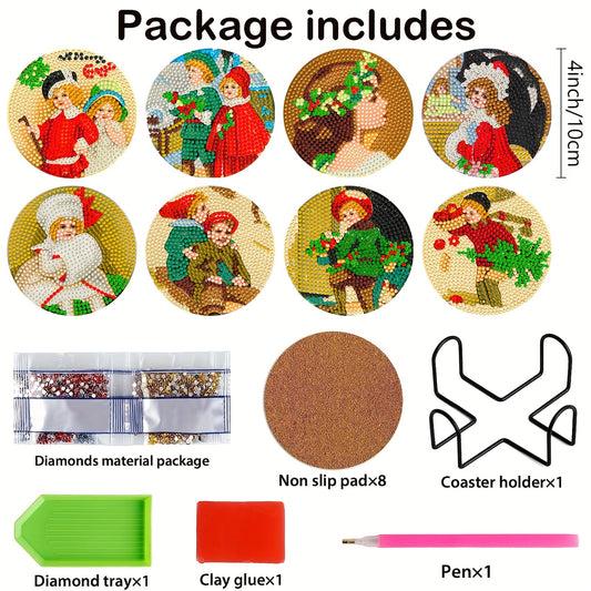 Diy 8pcs/set Christmas Diamond Painting Coasters with Holder