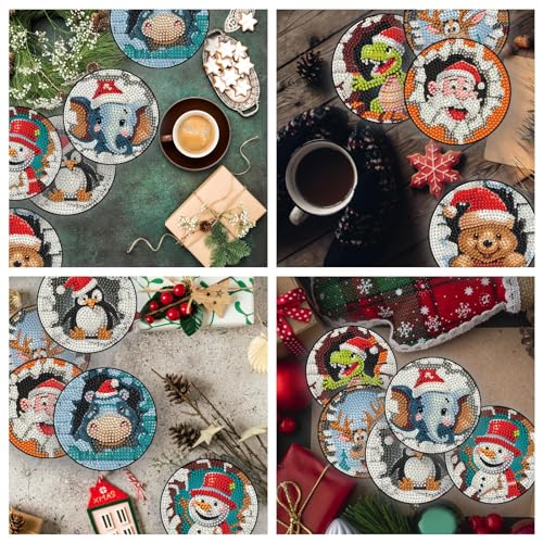 Diy 8pcs/set Christmas Diamond Painting Coasters with Holder