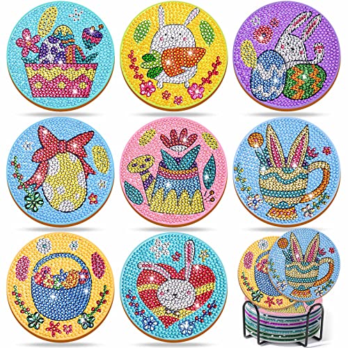 Diy 8pcs/set Easter Diamond Painting Coasters with Holder