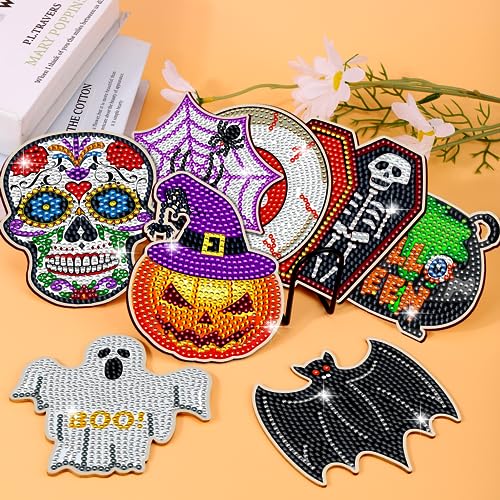 Diy 8pcs/set Skull Halloween Diamond Painting Coasters with Holder