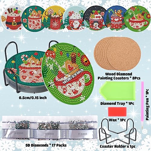 Diy 8pcs/set Christmas Diamond Painting Coasters with Holder