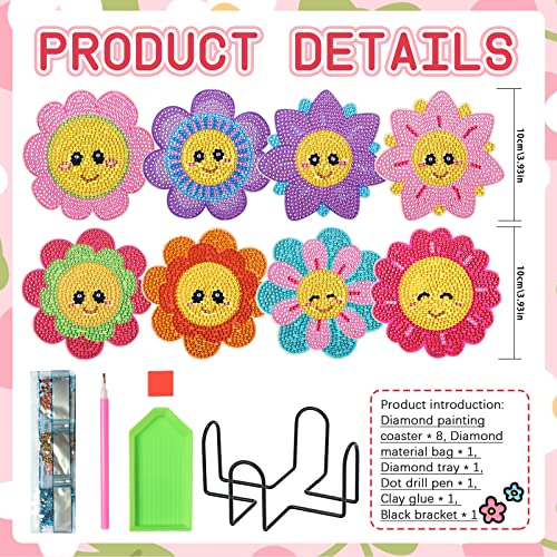 Diy 8pcs/set Flower Diamond Painting Coasters with Holder