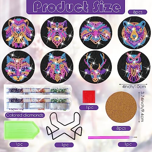 Diy 8pcs/set Animal Diamond Painting Coasters with Holder