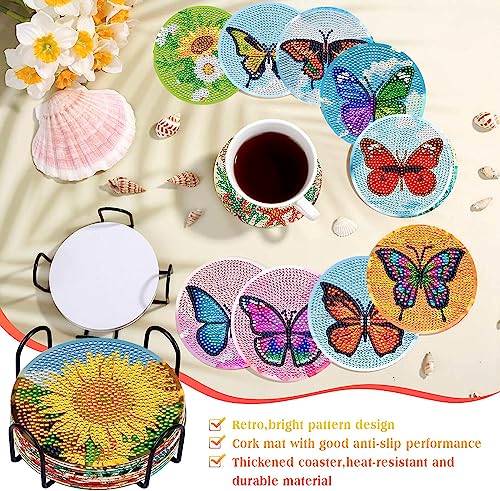 Diy 8pcs/set Butterfly Diamond Painting Coasters with Holder
