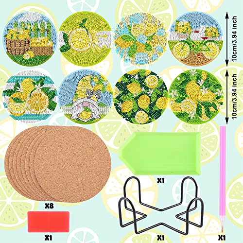 Diy 8pcs/set Summer Lemon Diamond Painting Coasters with Holder