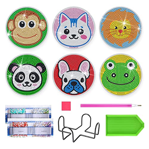 Diy 6pcs/set Animal Diamond Painting Coasters with Holder