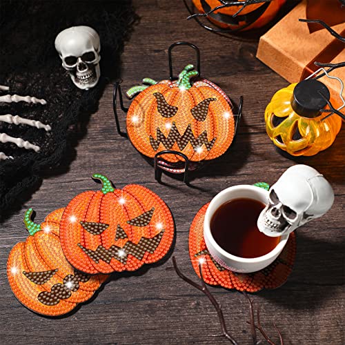 Diy 8pcs/set Pumpkin Halloween Diamond Painting Coasters with Holder