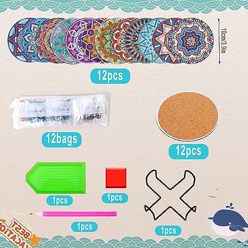 Diy 12pcs/set Mandala Diamond Painting Coasters with Holder
