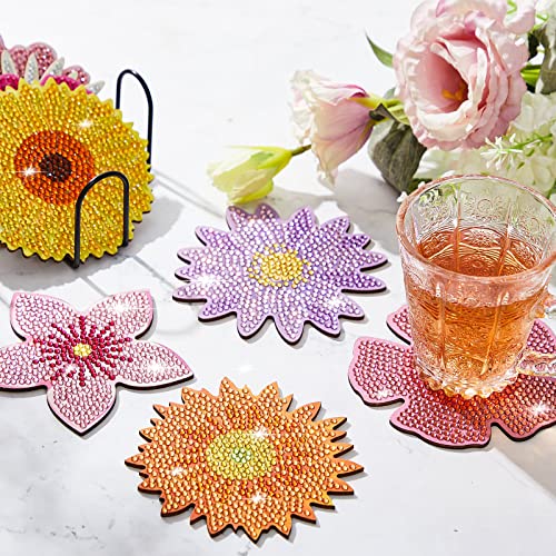 Diy 8pcs/set Flower Diamond Painting Coasters with Holder