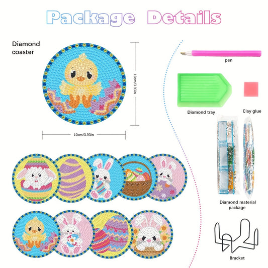 Diy 9pcs/set Easter Diamond Painting Coasters with Holder