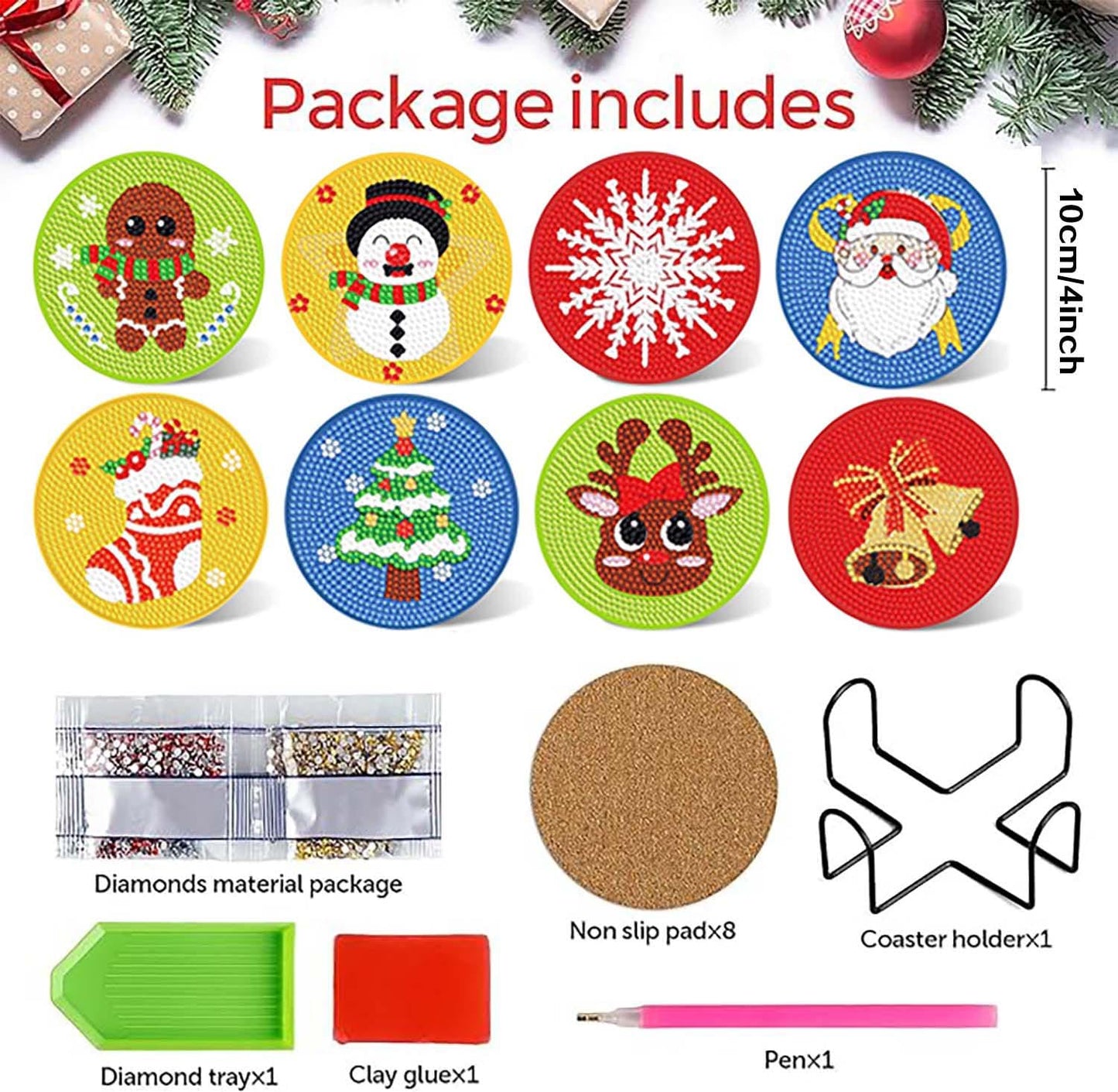 Diy 8pcs/set Christmas Diamond Painting Coasters with Holder
