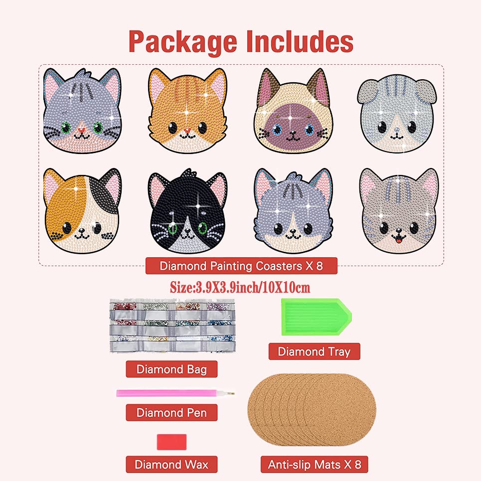 Diy 8pcs/set Cat Diamond Painting Coasters with Holder
