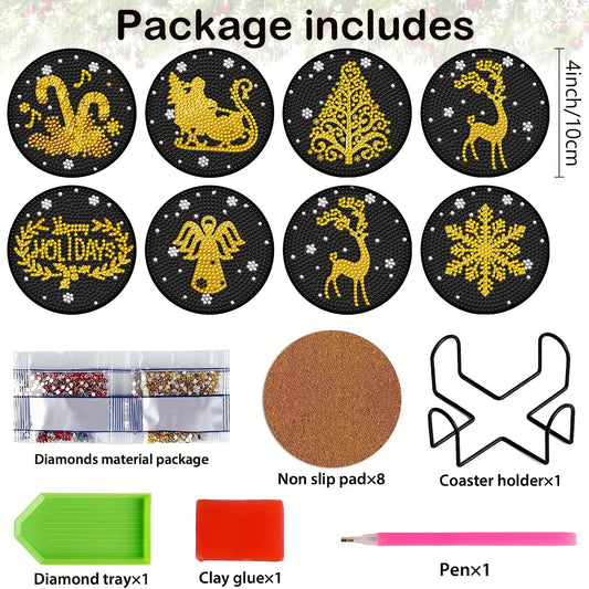 Diy 8pcs/set Christmas Diamond Painting Coasters with Holder