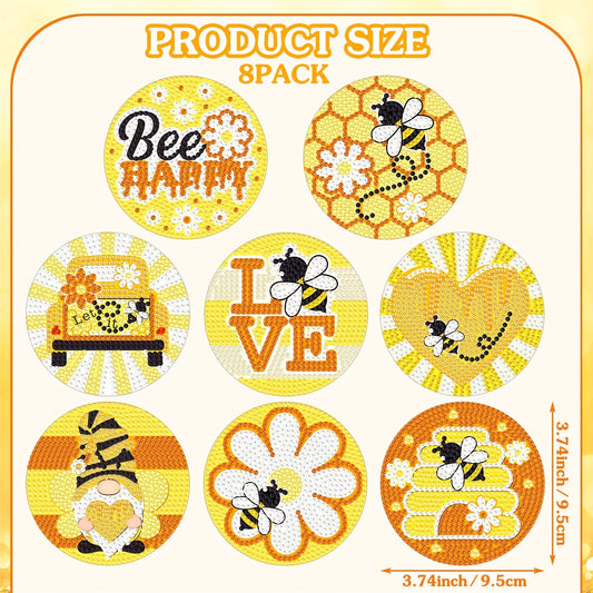 Diy 8pcs/set Bee Diamond Painting Coasters with Holder
