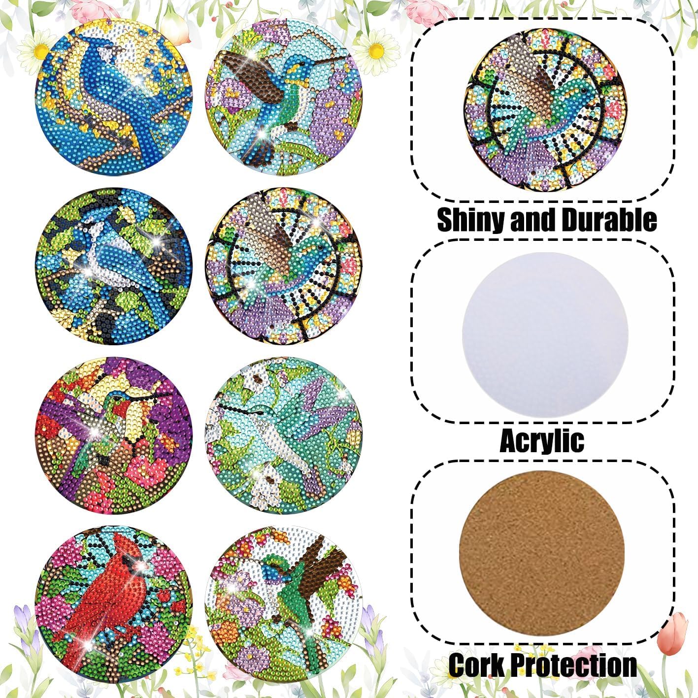 Diy 8pcs/set Bird Diamond Painting Coasters with Holder
