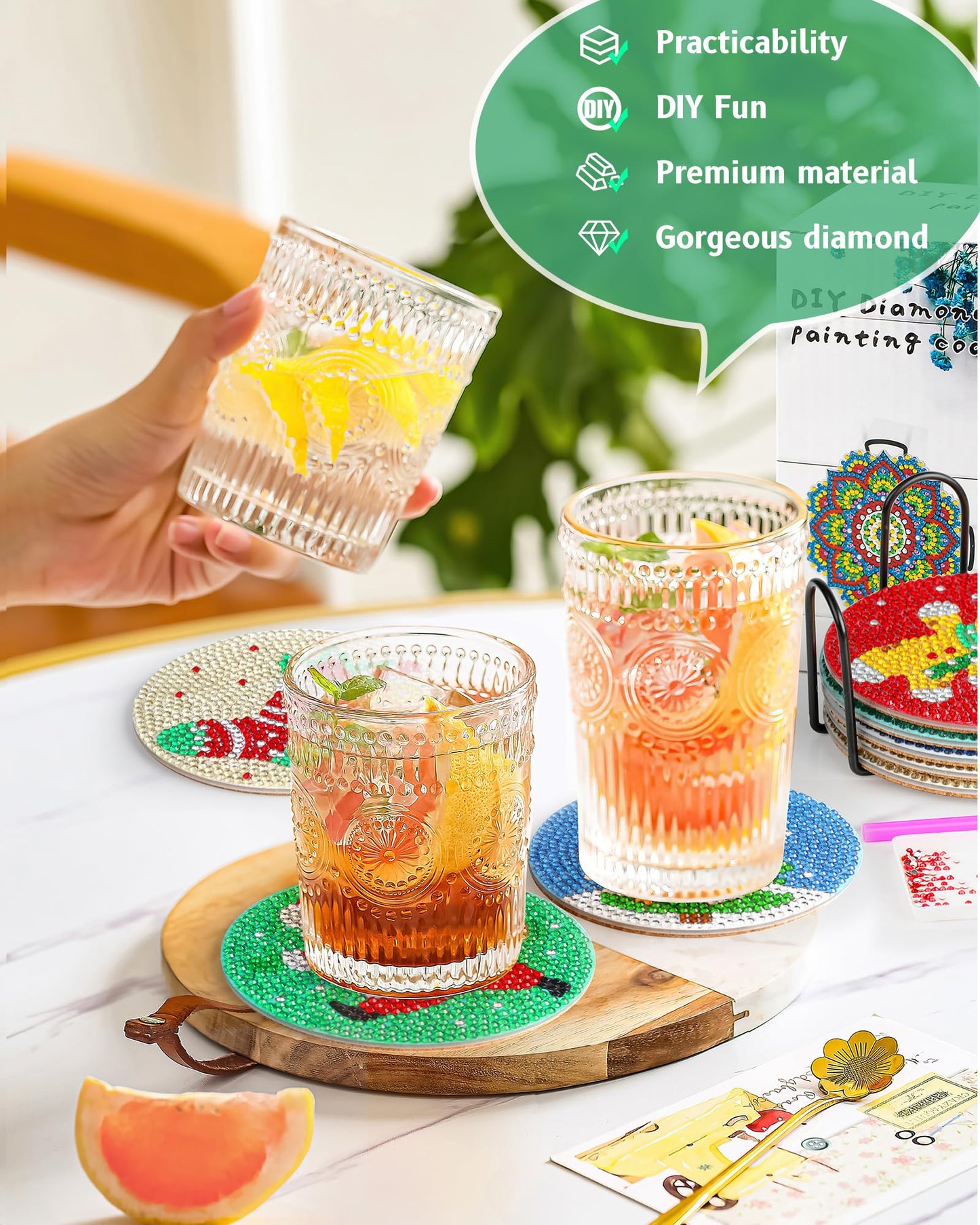 Diy 8pcs/set Christmas Diamond Painting Coasters with Holder