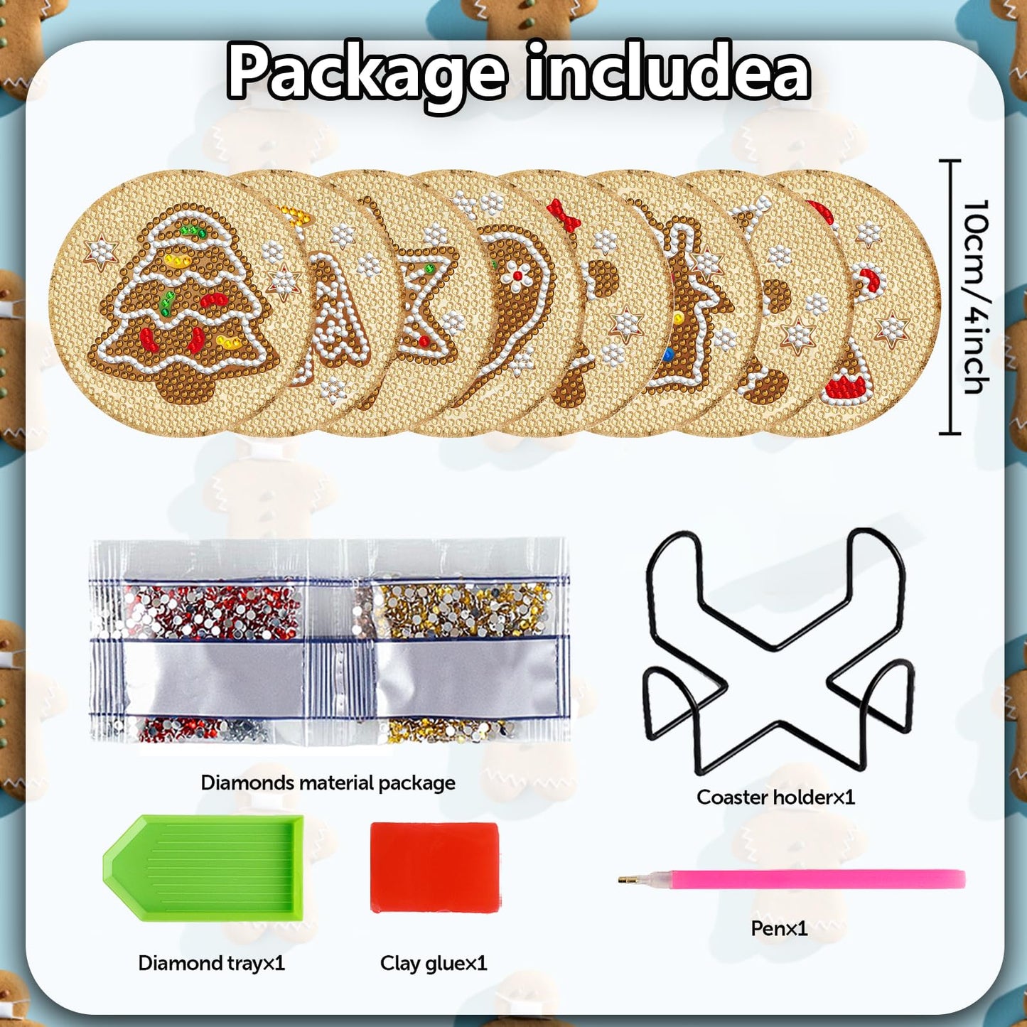 Diy 8pcs/set Christmas Diamond Painting Coasters with Holder