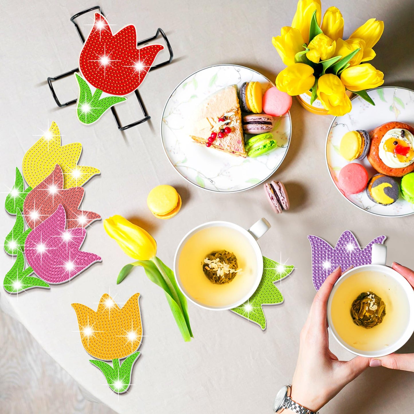 Diy 10pcs/set Flower Diamond Painting Coasters with Holder